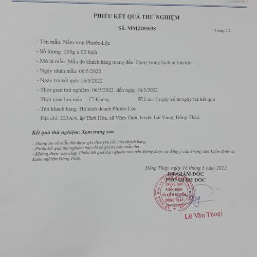 Phiếu Phân Tích Nấm Rơm Hấp